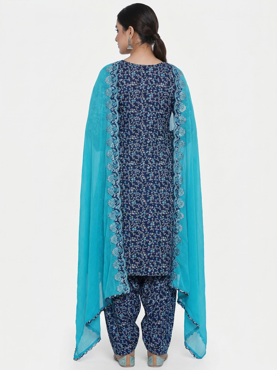 Navy Blue Floral Printed With Embroidery Cotton Silk Dress Material - Image 2