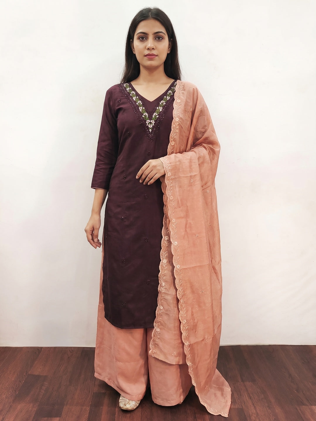 Wine Floral Embroidered Vichitra Silk Dress Material - Image 1