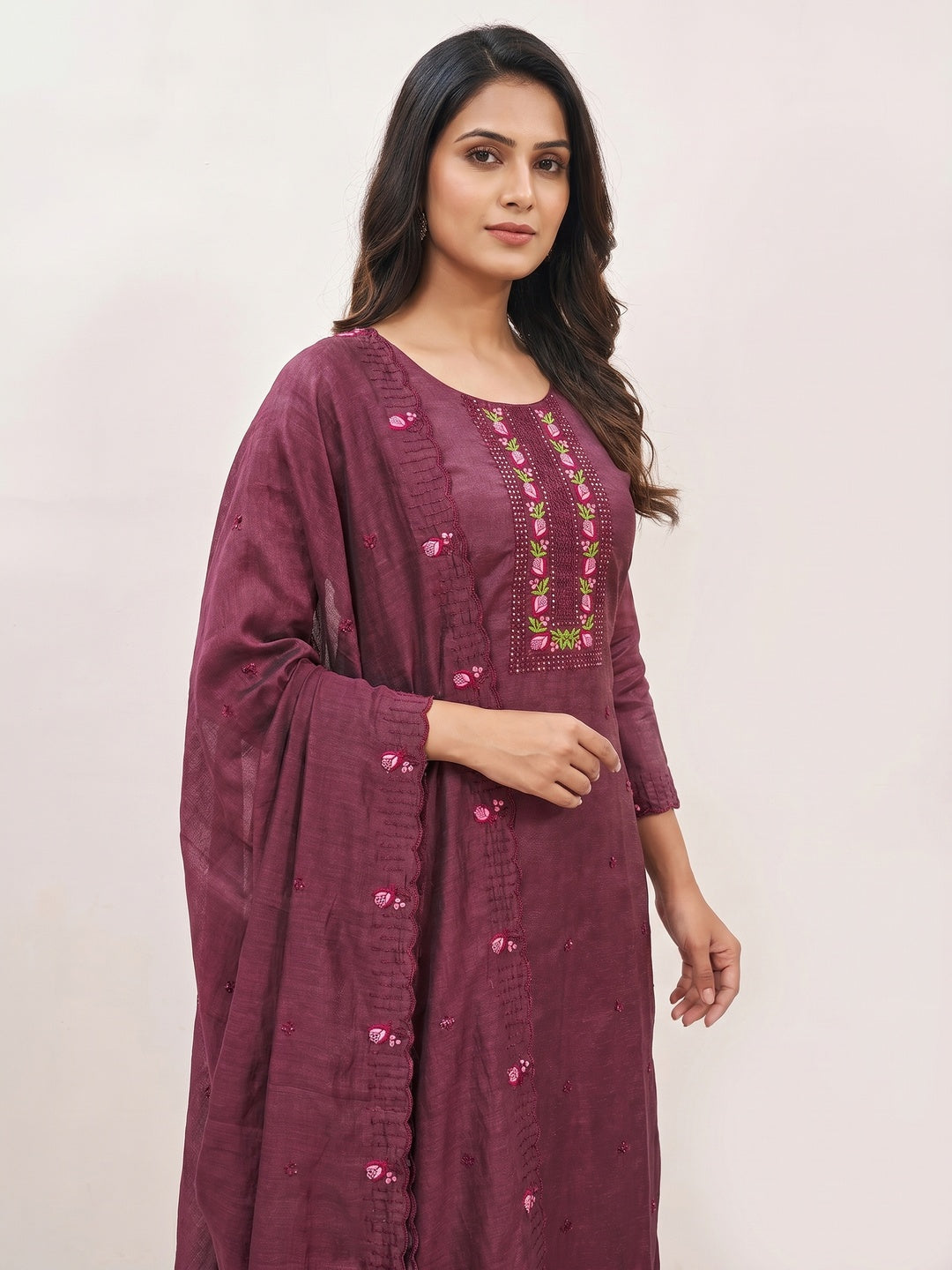 Dark Mauve Embroidered Vichitra Silk Dress Material - Image 1