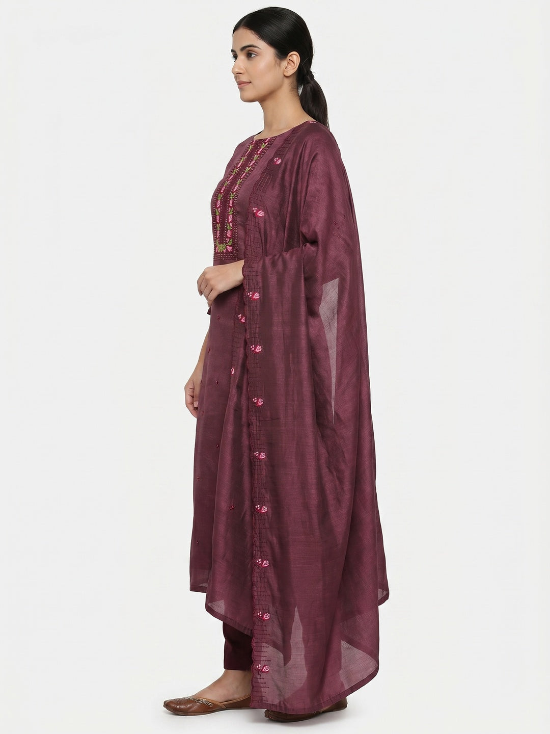 Dark Mauve Embroidered Vichitra Silk Dress Material - Image 3