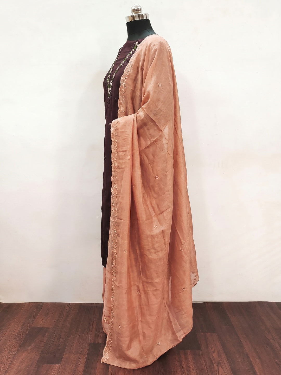 Wine Floral Embroidered Vichitra Silk Dress Material - Image 3