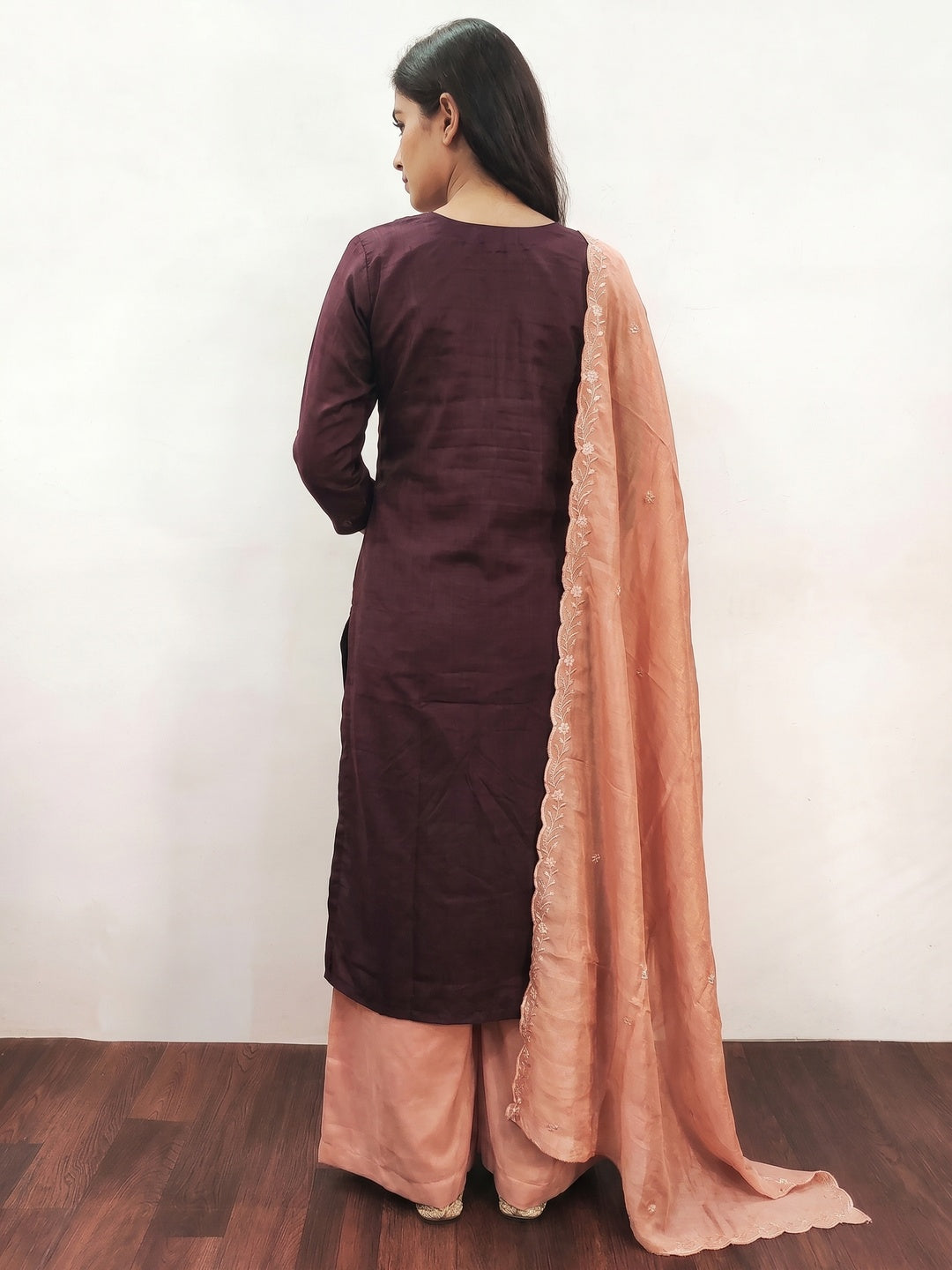 Wine Floral Embroidered Vichitra Silk Dress Material - Image 2