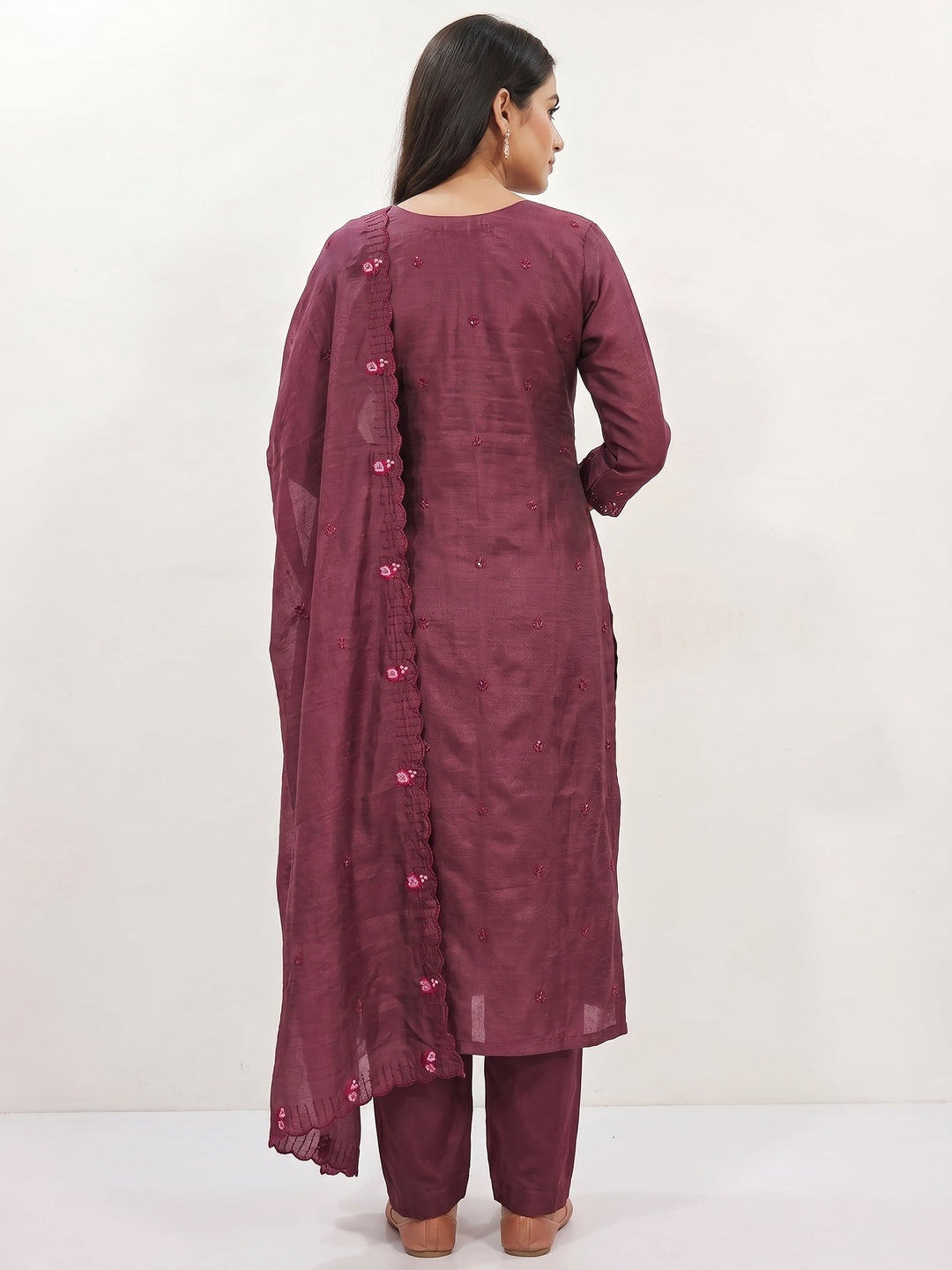 Dark Mauve Embroidered Vichitra Silk Dress Material - Image 2