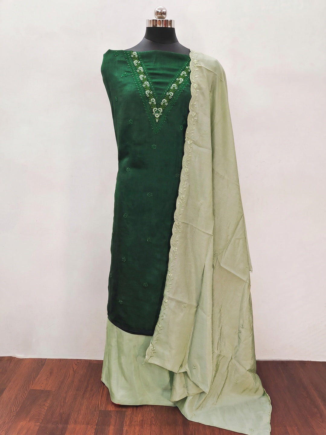 Green Floral Embroidered Vichitra Silk Dress Material - Image 1