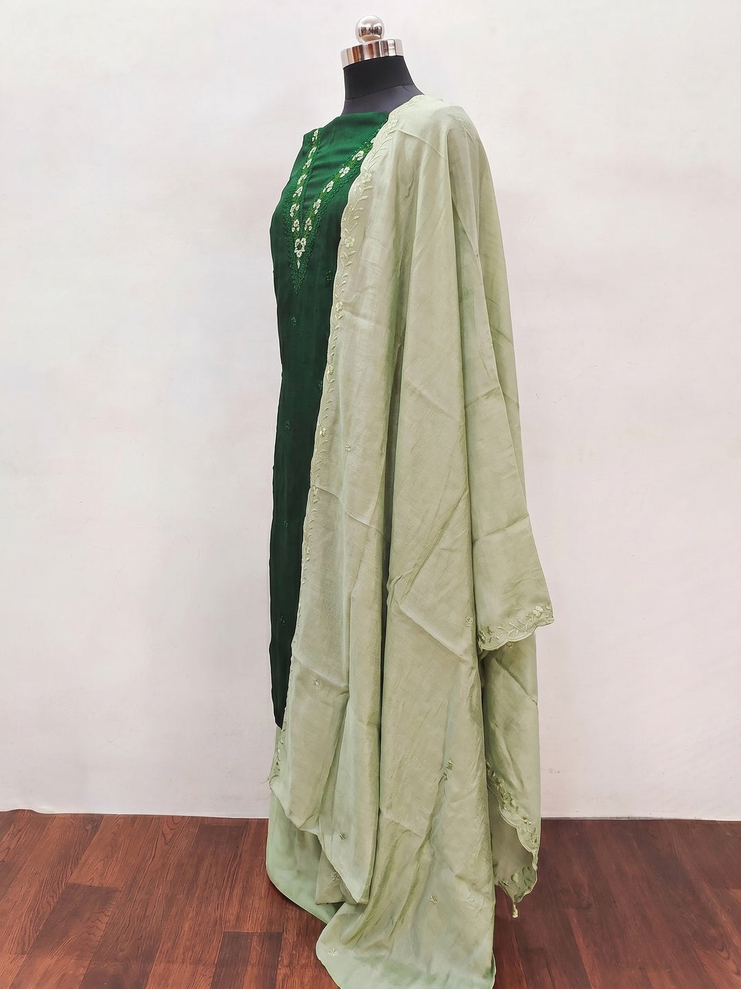 Green Floral Embroidered Vichitra Silk Dress Material - Image 2