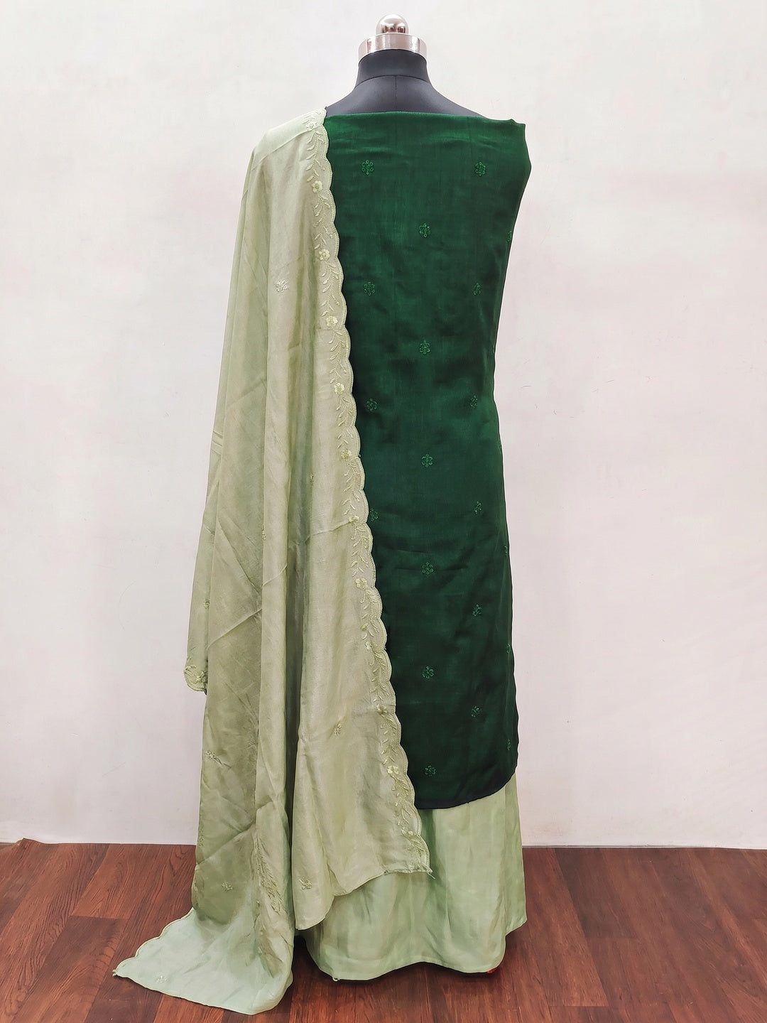 Green Floral Embroidered Vichitra Silk Dress Material - Image 3