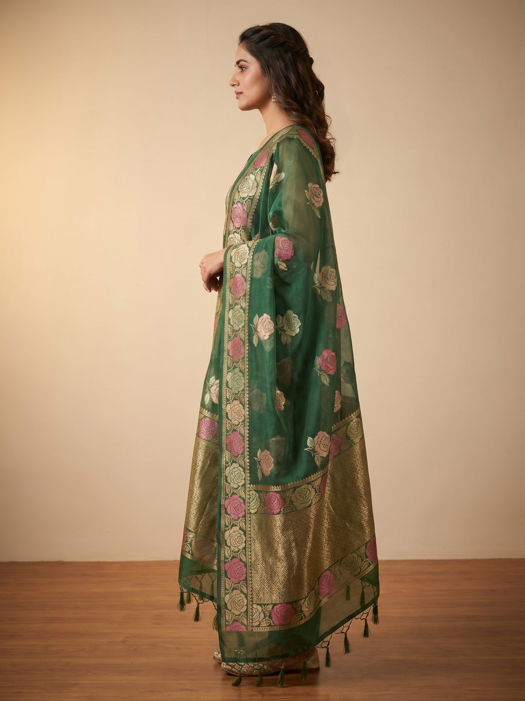 Green Floral Woven Organza Dress Material - Image 3