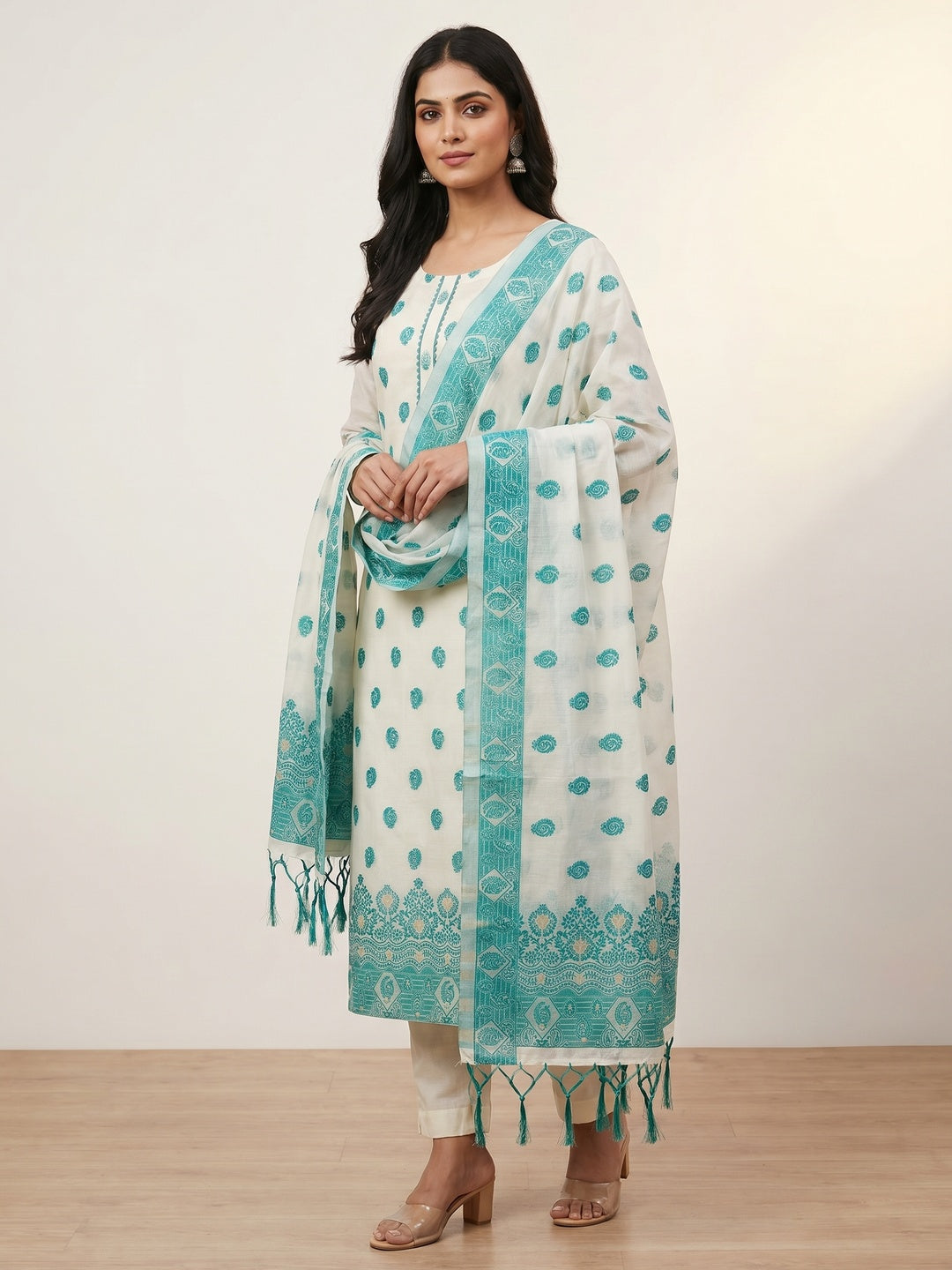 Offwhite & Teal Floral Woven Chanderi Dress Material - Image 1