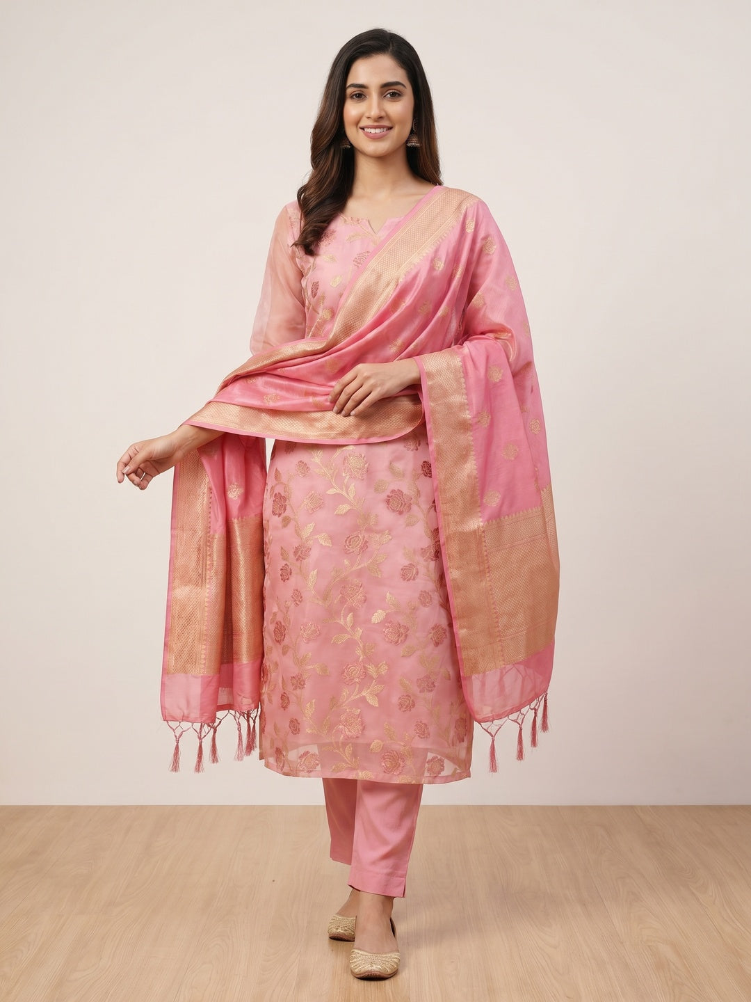 Pink Floral Woven Organza Dress Material - Image 1