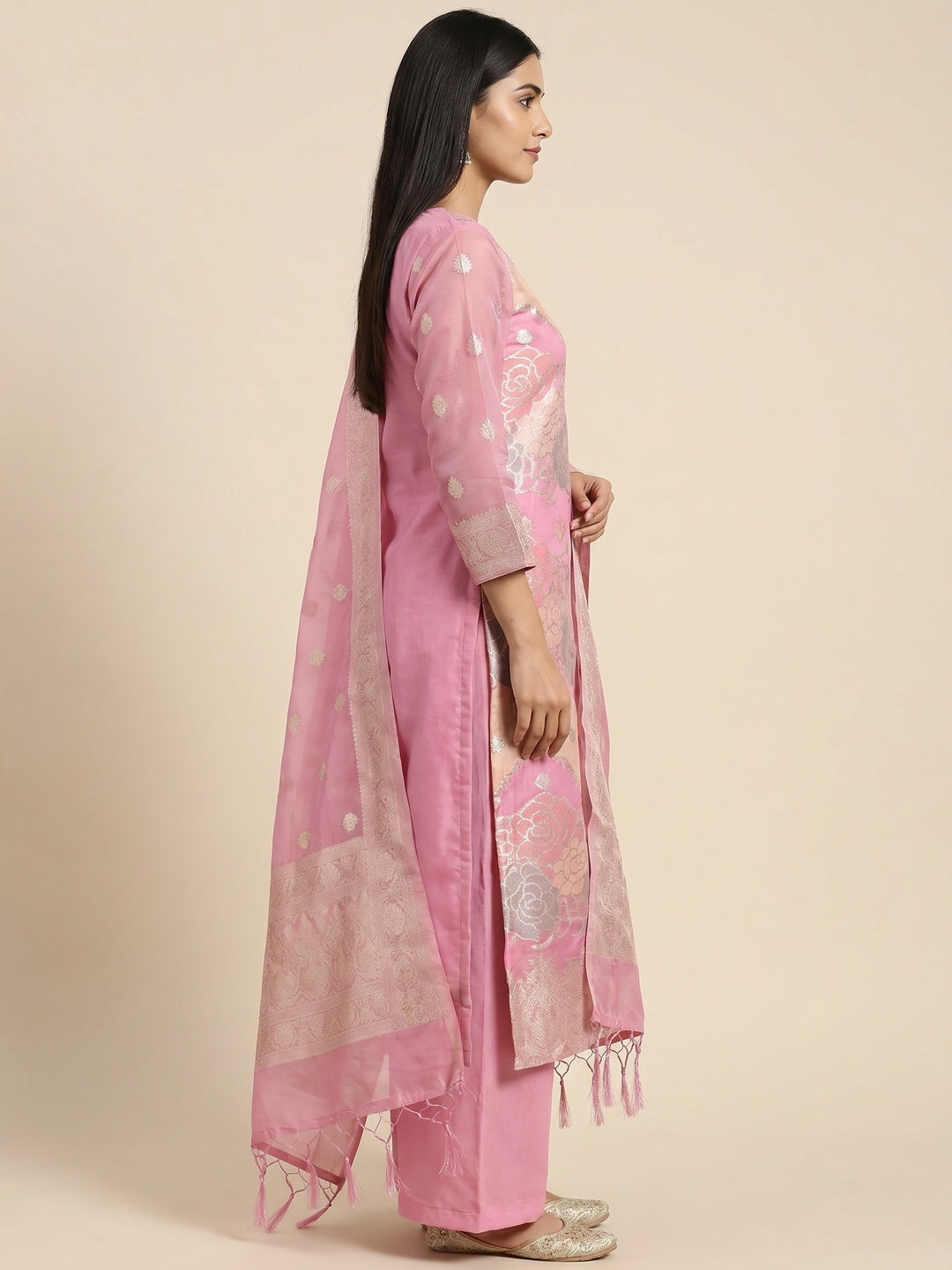 Pink Floral Woven Organza Dress Material - Image 2