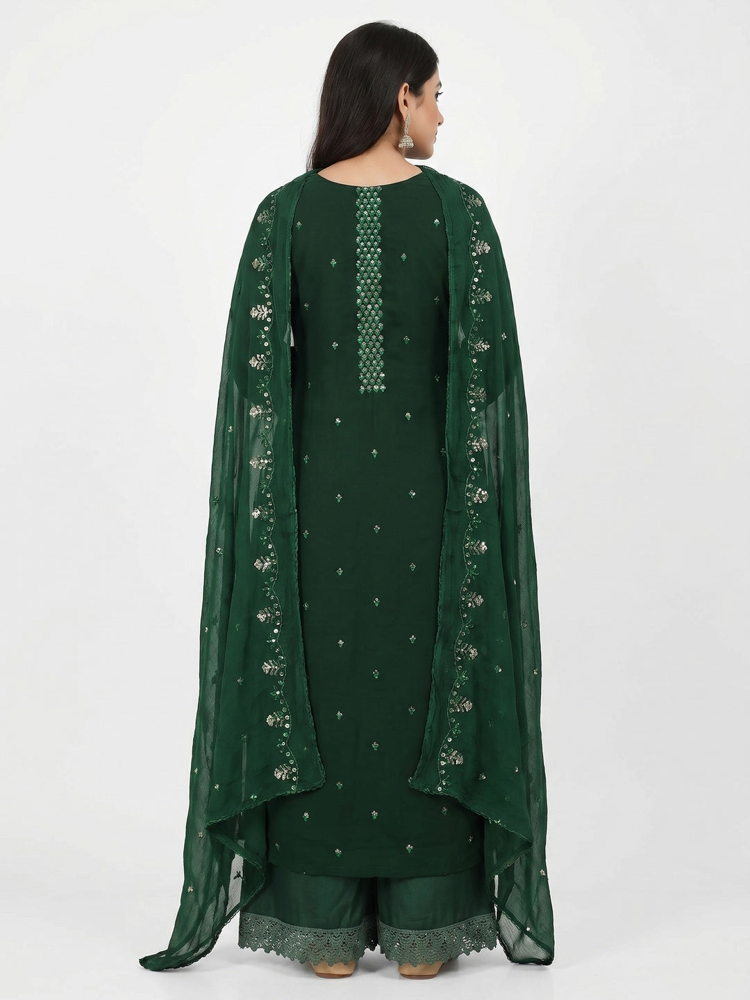 Green Floral Sequins Embroidered Georgette Dress Material - Image 2