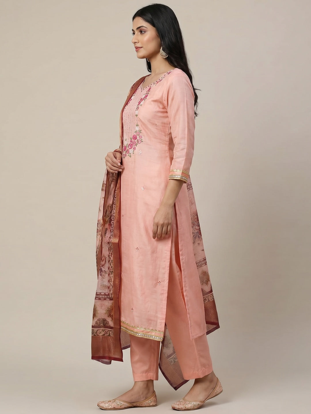 Peach Floral Sequins Embroidered Chanderi Silk Dress Material - Image 2