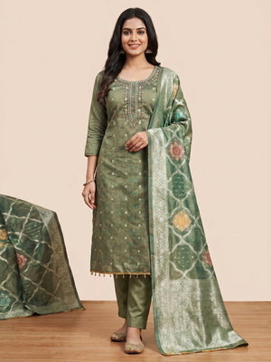 Green Woven With Handwork Simmer Jacquard Dress Material - Image 1