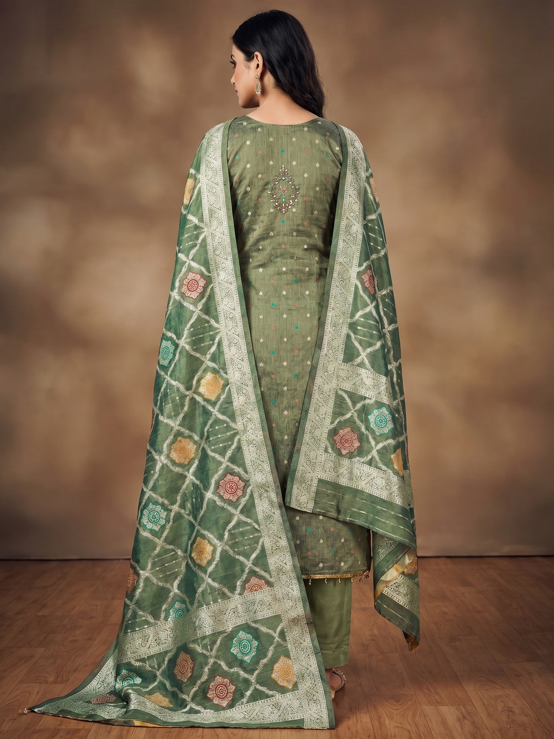 Green Woven With Handwork Simmer Jacquard Dress Material - Image 3