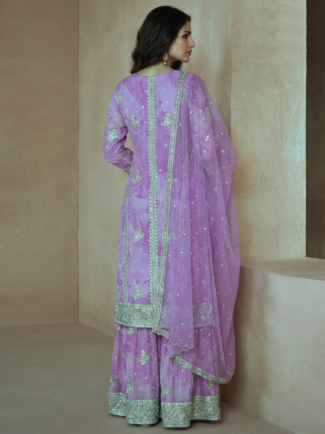 Purple Sequins Embroidered Georgette Sharara Suit - Image 1
