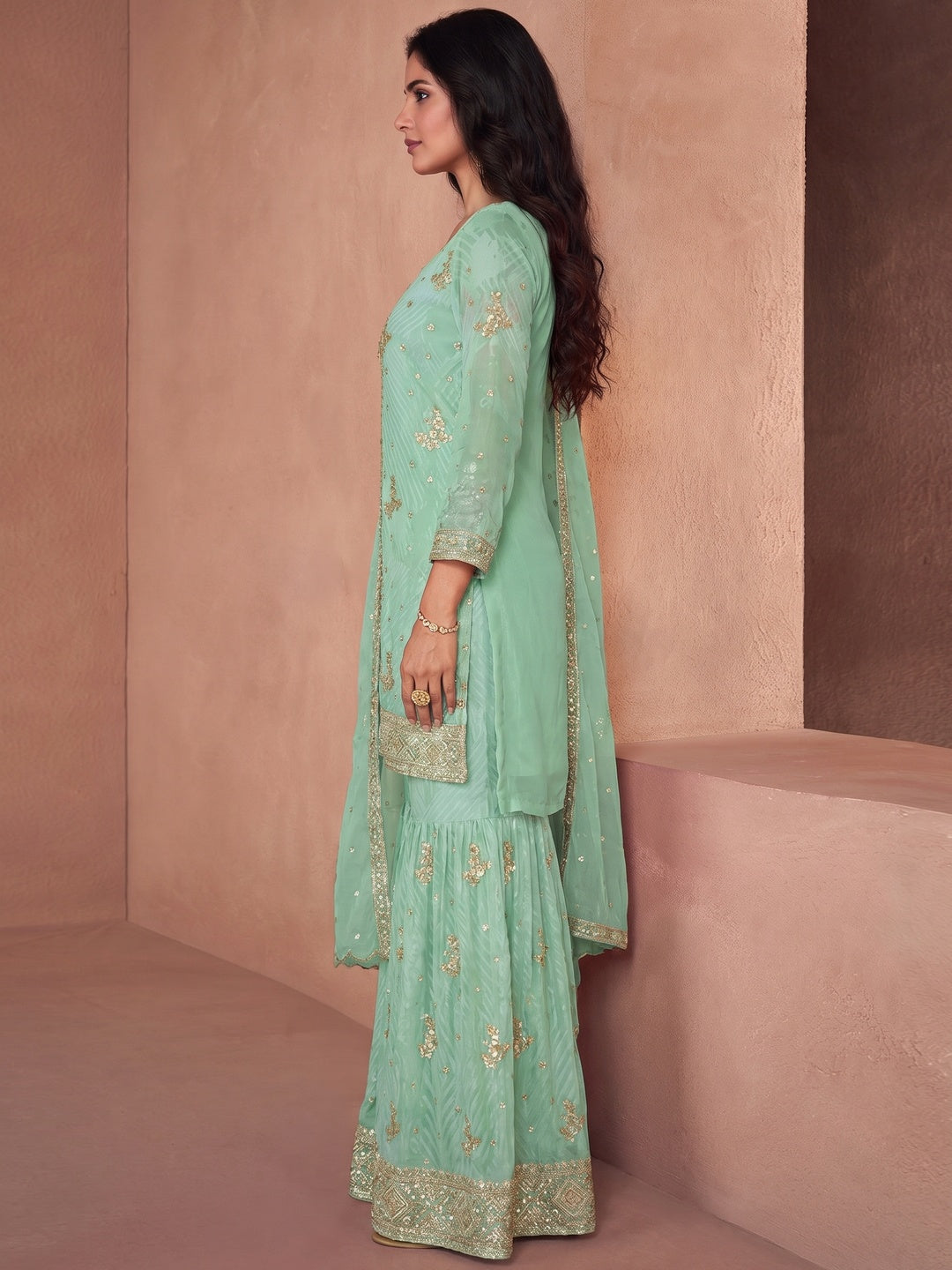 Pista Green Sequins Embroidered Georgette Sharara Suit - Image 1