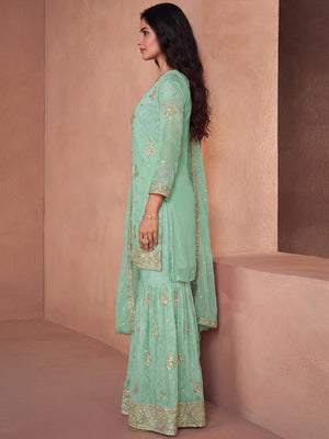 Pista Green Sequins Embroidered Georgette Sharara Suit - Image 1