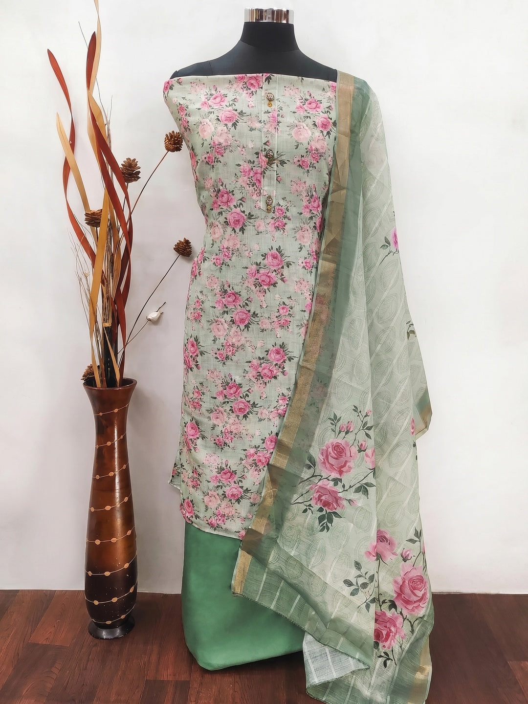 Dusty Green Floral Printed Linen Dress Material - Image 1
