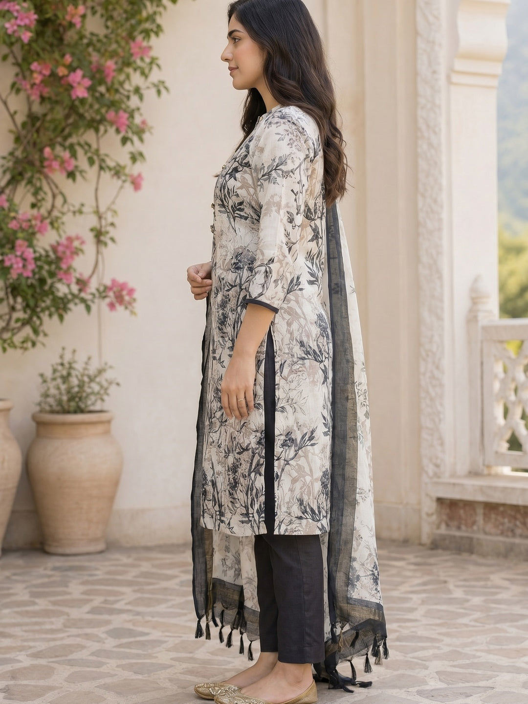 White Floral Printed Linen Dress Material - Image 2