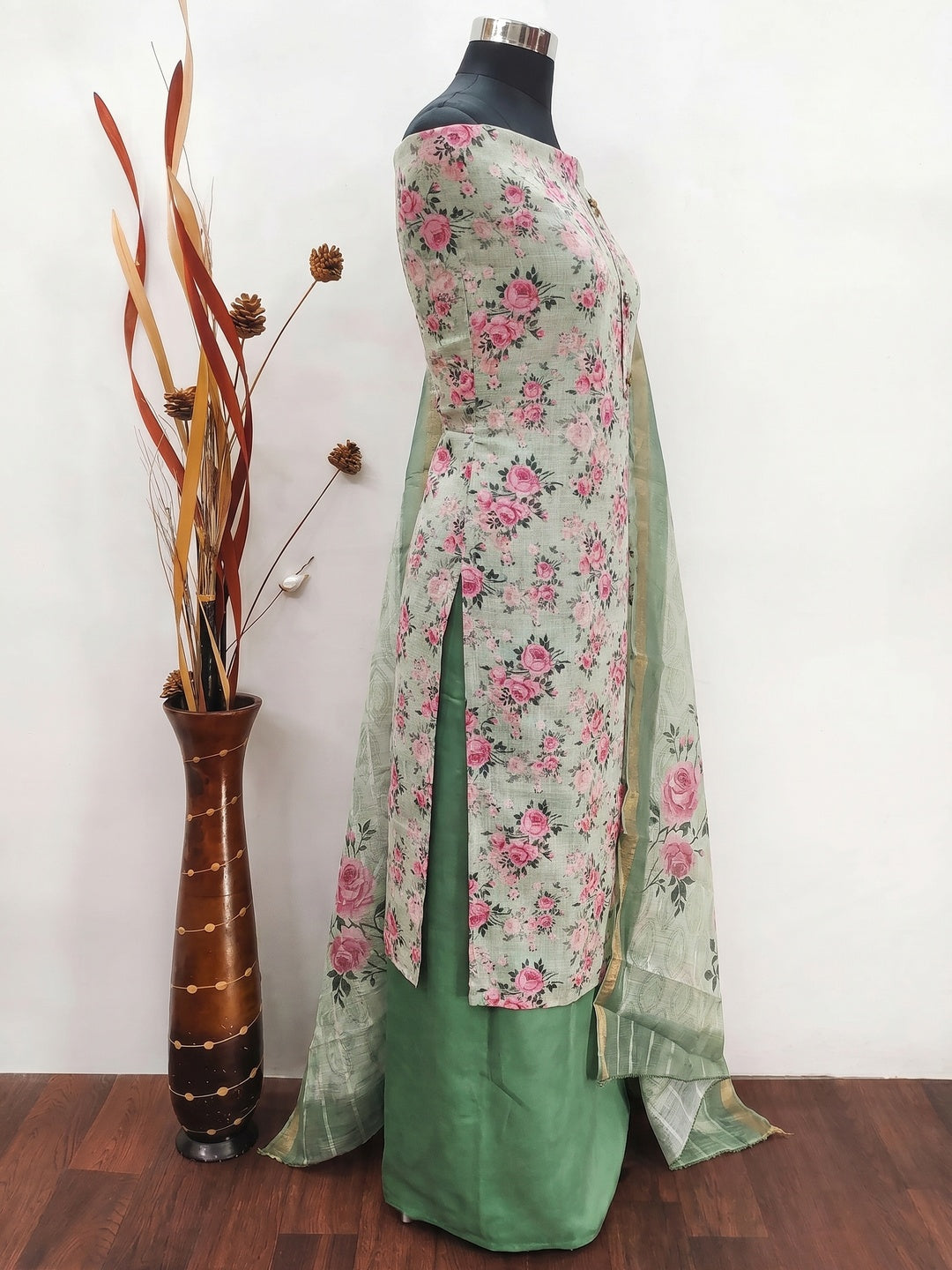 Dusty Green Floral Printed Linen Dress Material - Image 2