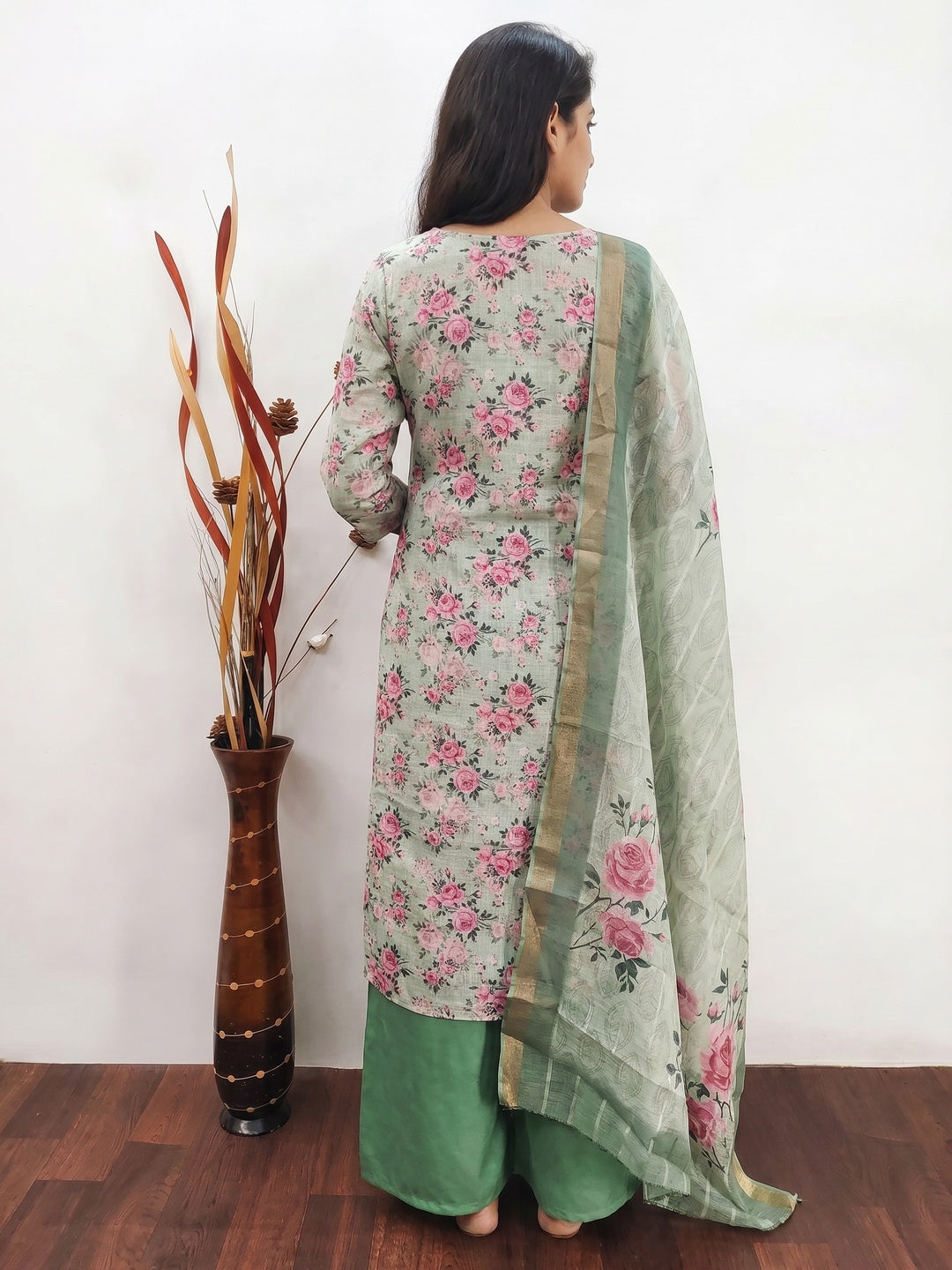Dusty Green Floral Printed Linen Dress Material - Image 3