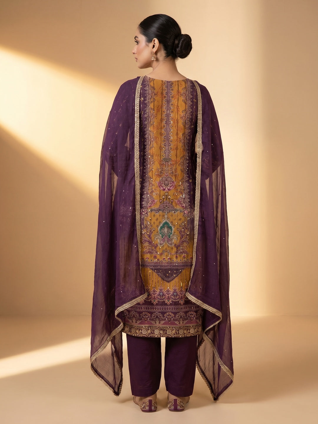 Purple Sequins Embroidery With Printed Crepe Dress Material - Image 3