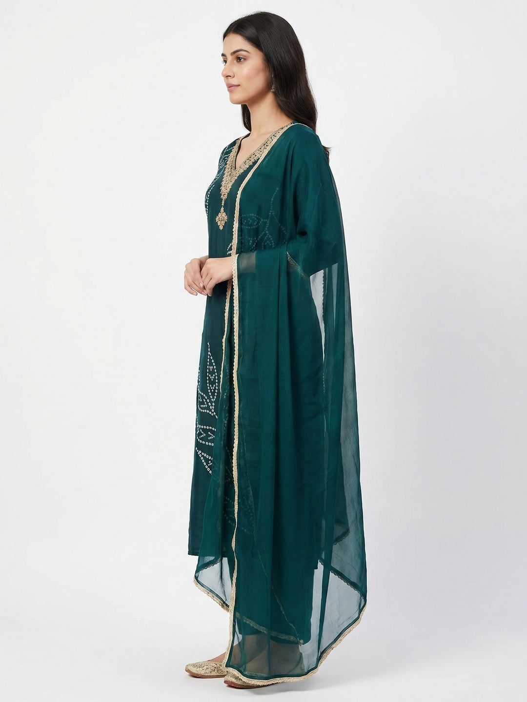 Dark Teal Printed With Handwork Muslin Dress Material - Image 3