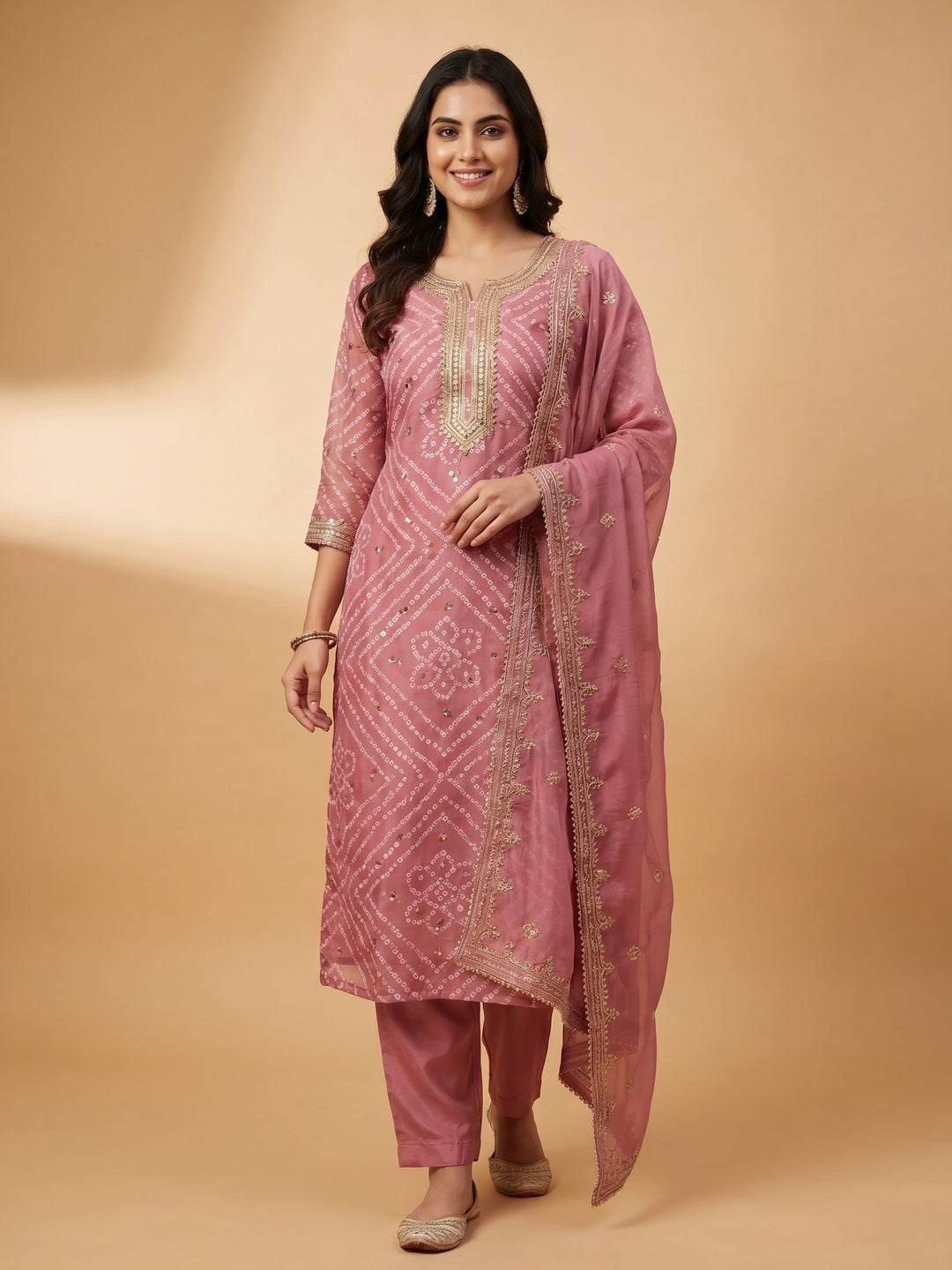 Onion Pink Sequins Embroidered With Printed Organza Dress Material - Image 1
