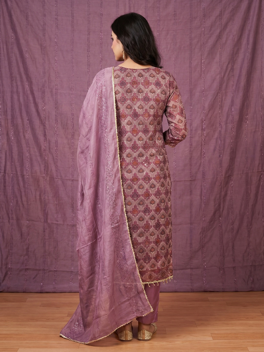 Onion Pink Sequins Embroidered With Printed Organza Dress Material - Image 2