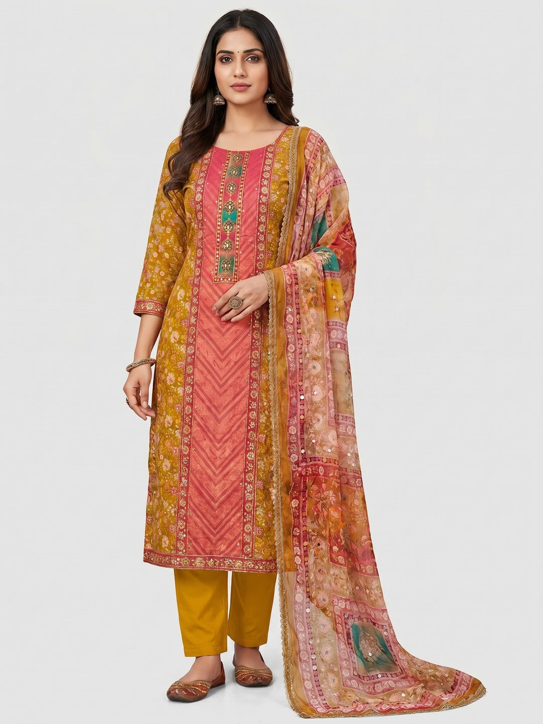 Mustard Embroidered With Printed Work Muslin Dress Material - Image 1
