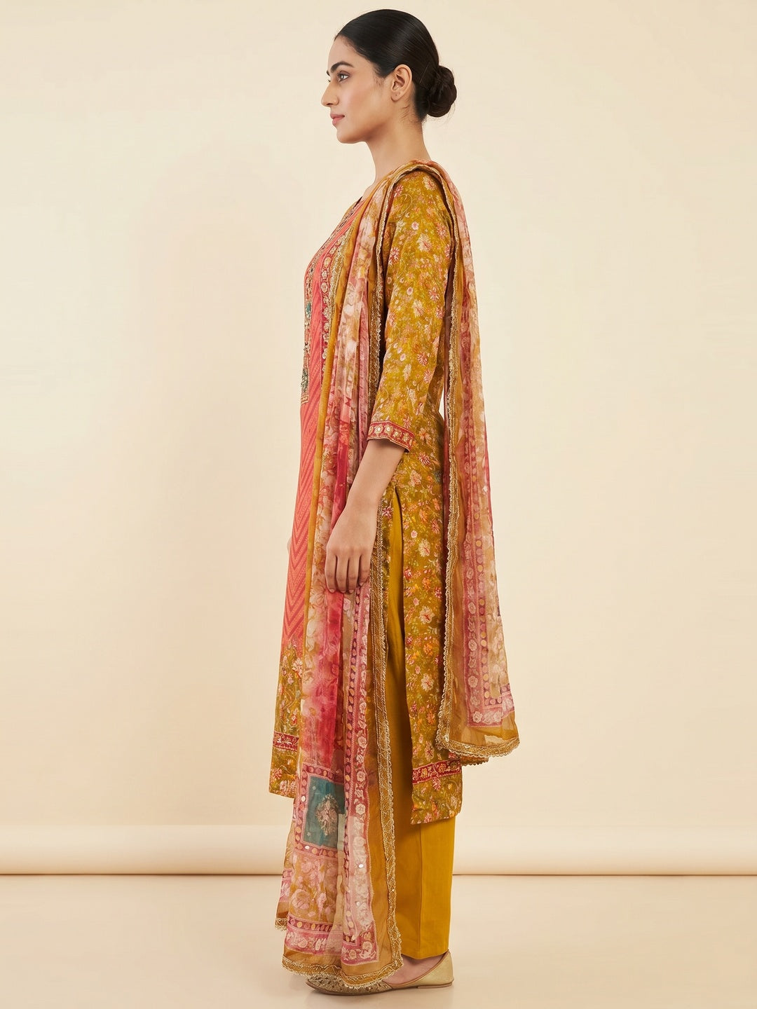 Mustard Embroidered With Printed Work Muslin Dress Material - Image 2