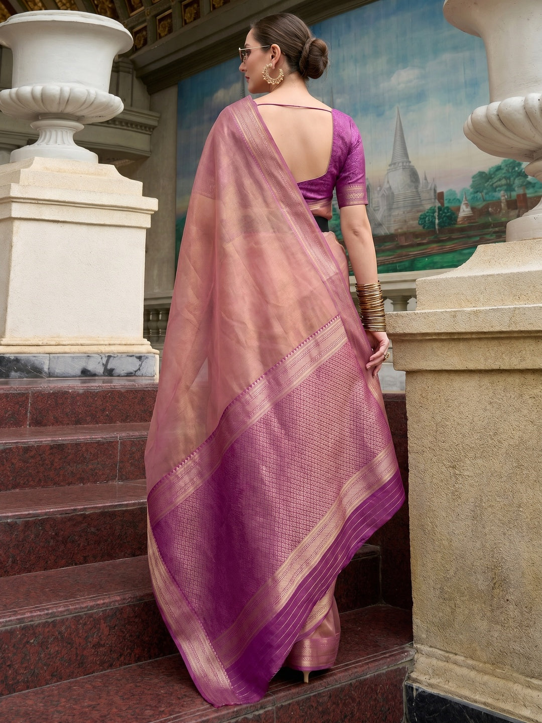 Light Mauve Woven Tissue Silk Saree With Tassels - Image 1