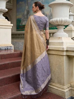 Chikoo Woven Tissue Silk Saree With Tassels - Image 1