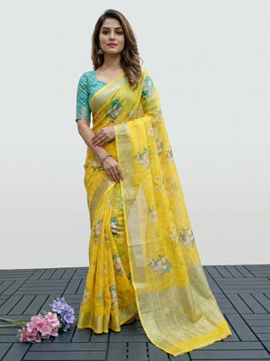 Yellow Digital Printed With Zari Work Linen Cotton Saree - Image 1