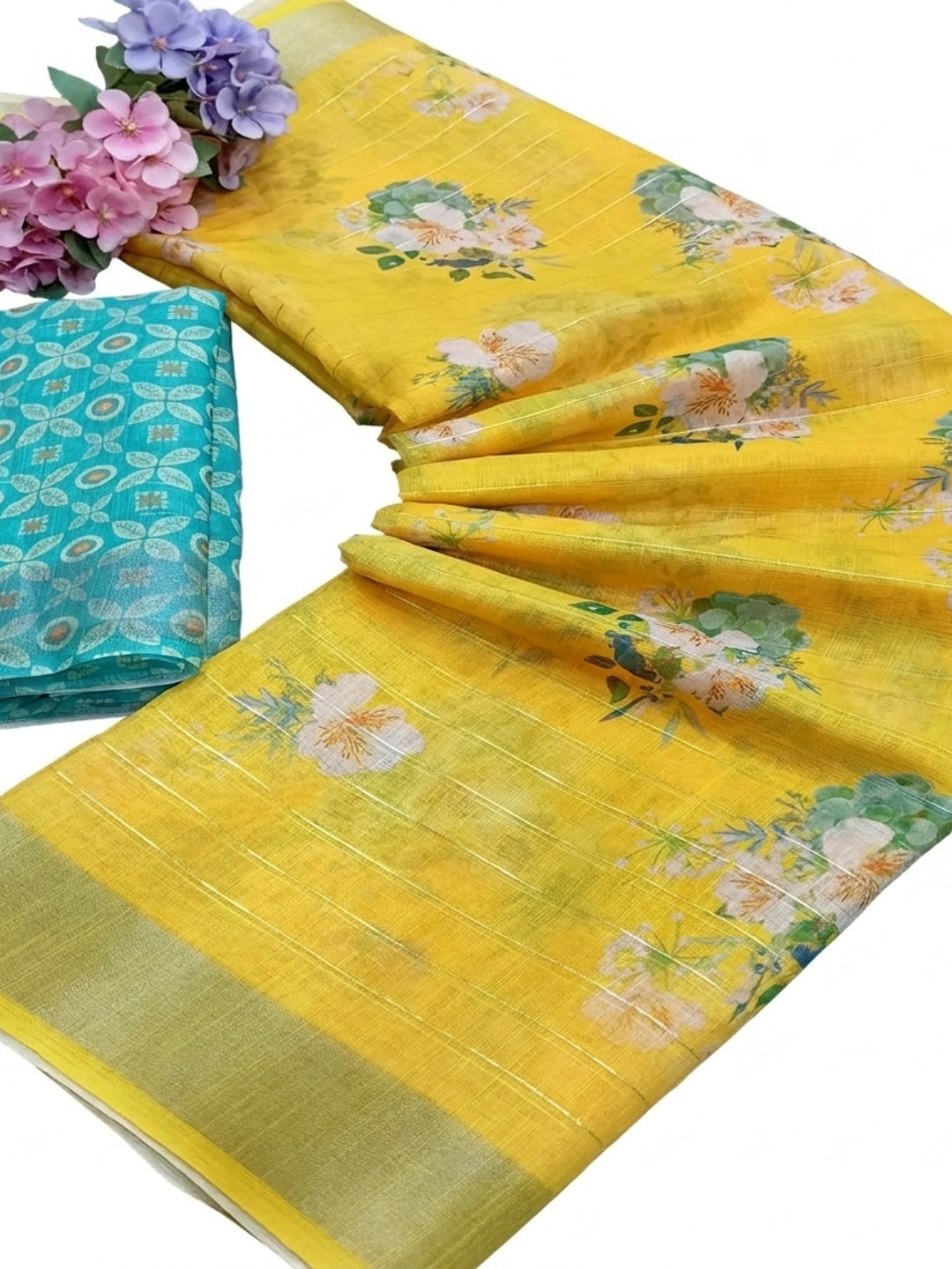Yellow Digital Printed With Zari Work Linen Cotton Saree - Image 2