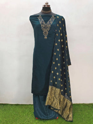 Teal Green Beads Embroidered Viscose Dress Material - Image 1