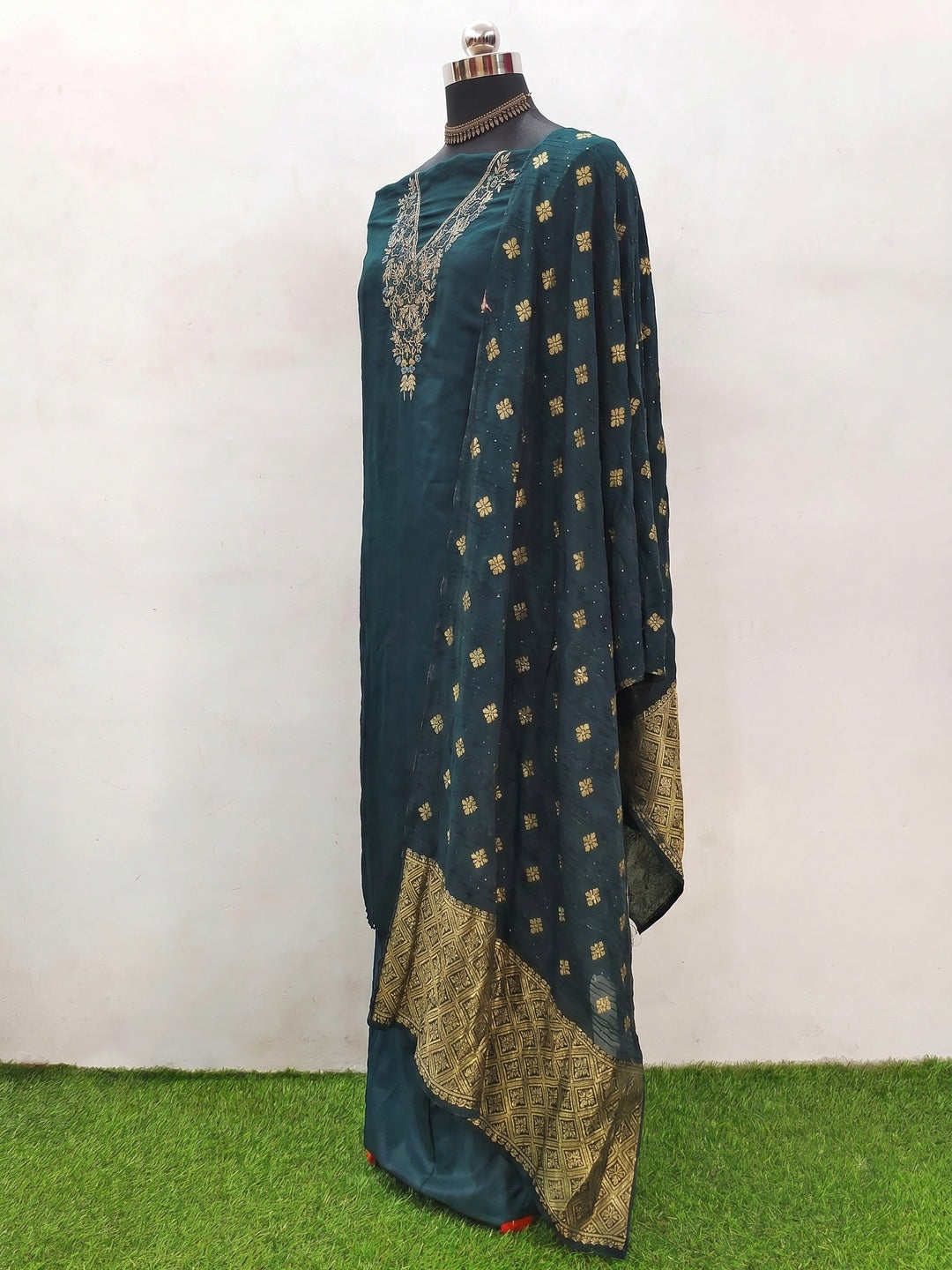 Teal Green Beads Embroidered Viscose Dress Material - Image 3
