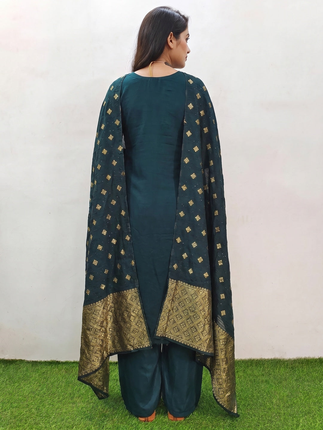 Teal Green Beads Embroidered Viscose Dress Material - Image 2