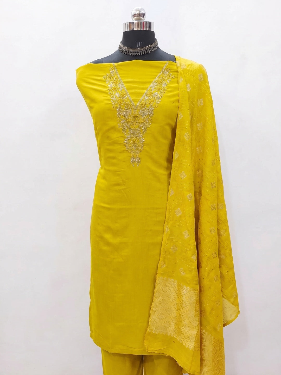 Mustard Beads Embroidered Viscose Dress Material - Image 1