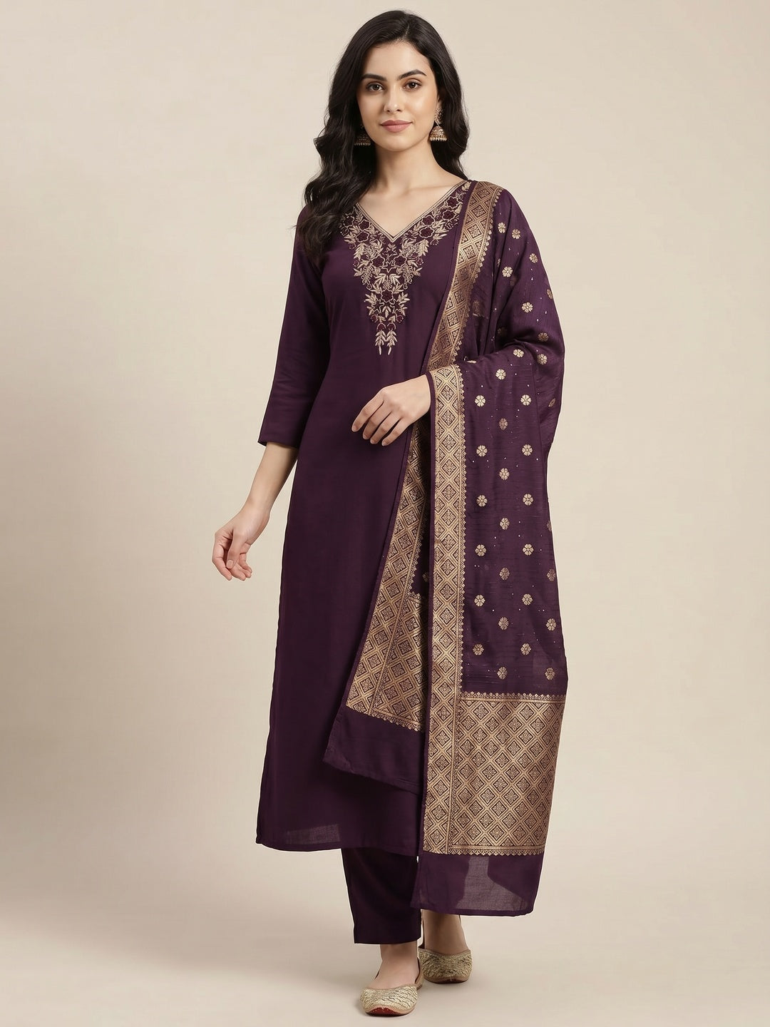 Purple Beads Embroidered Viscose Dress Material - Image 1
