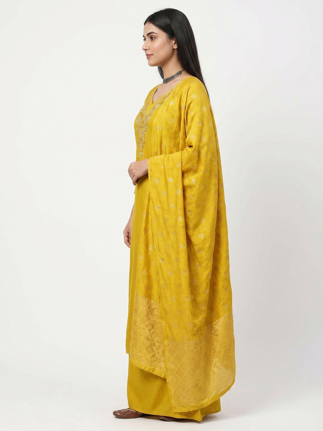 Mustard Beads Embroidered Viscose Dress Material - Image 2