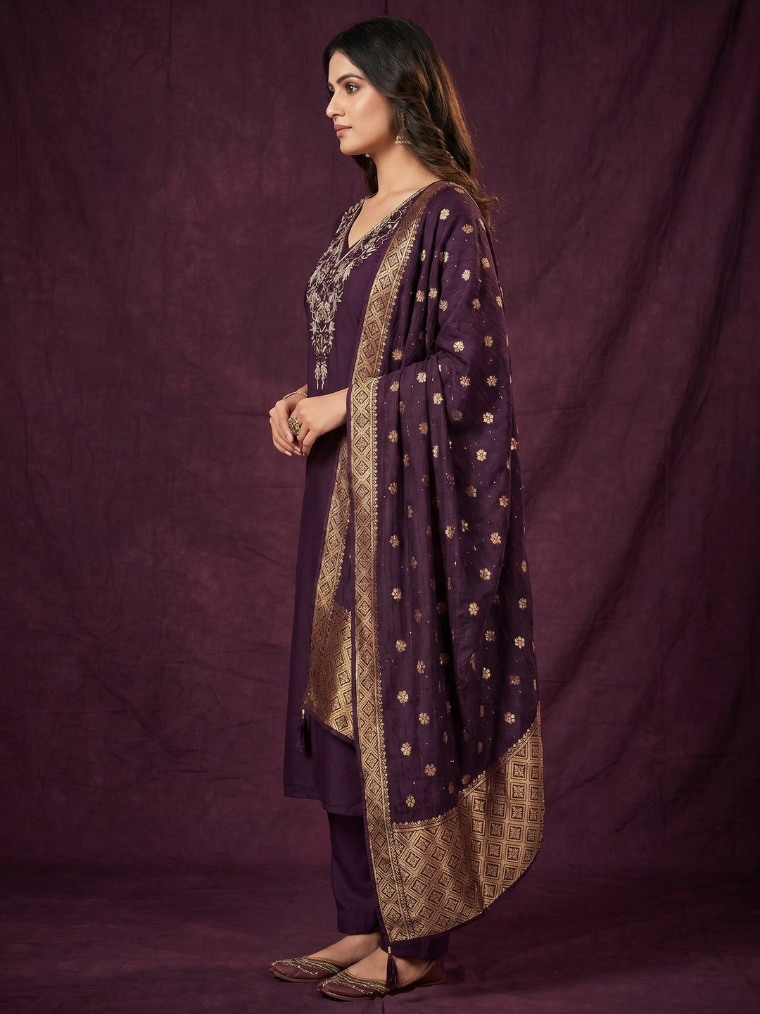 Purple Beads Embroidered Viscose Dress Material - Image 3