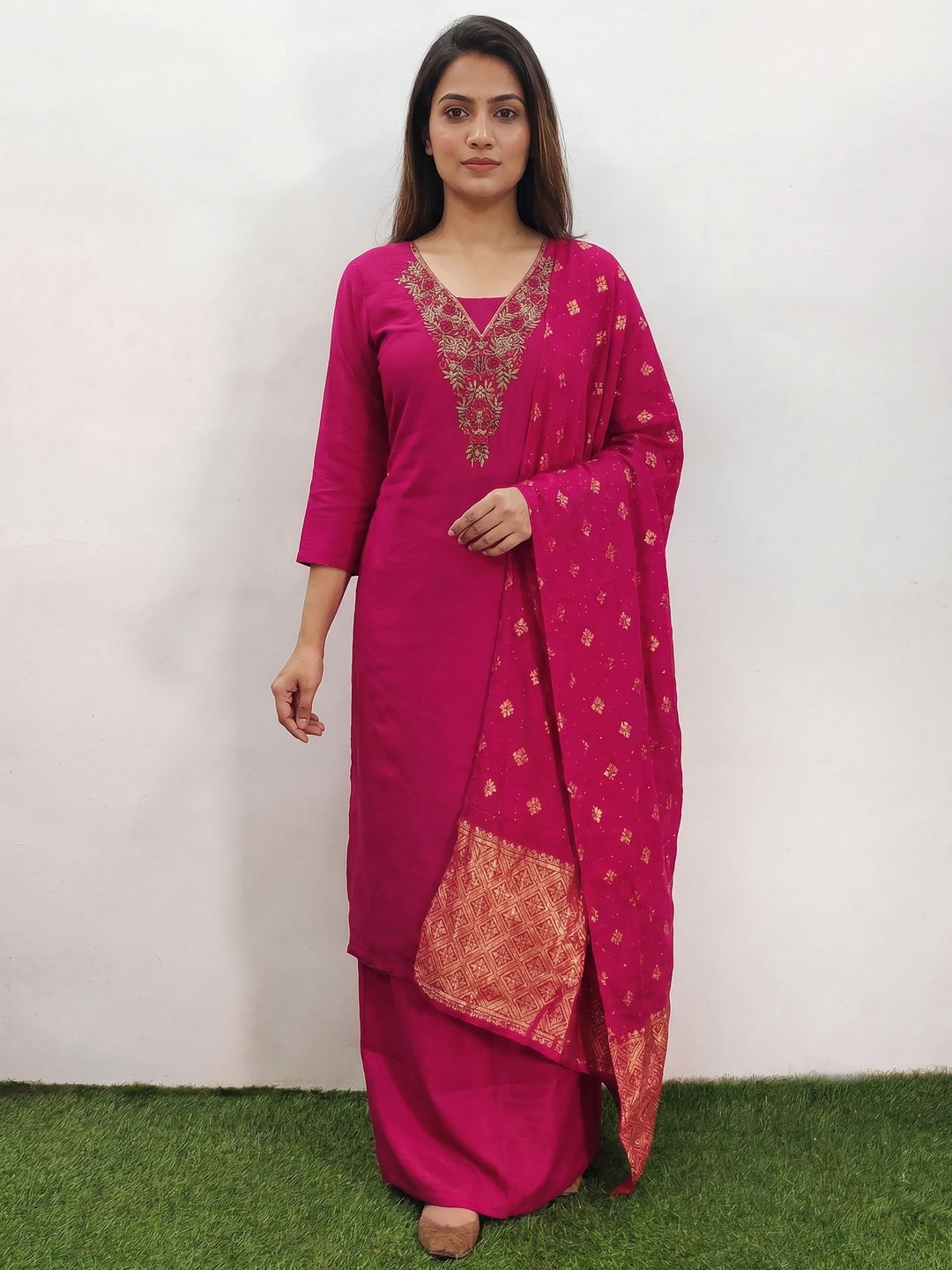 Pink Beads Embroidered Viscose Dress Material - Image 1