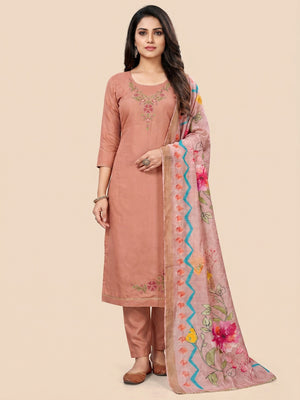 Peach Embroidered Chanderi Silk Dress Material - Image 1