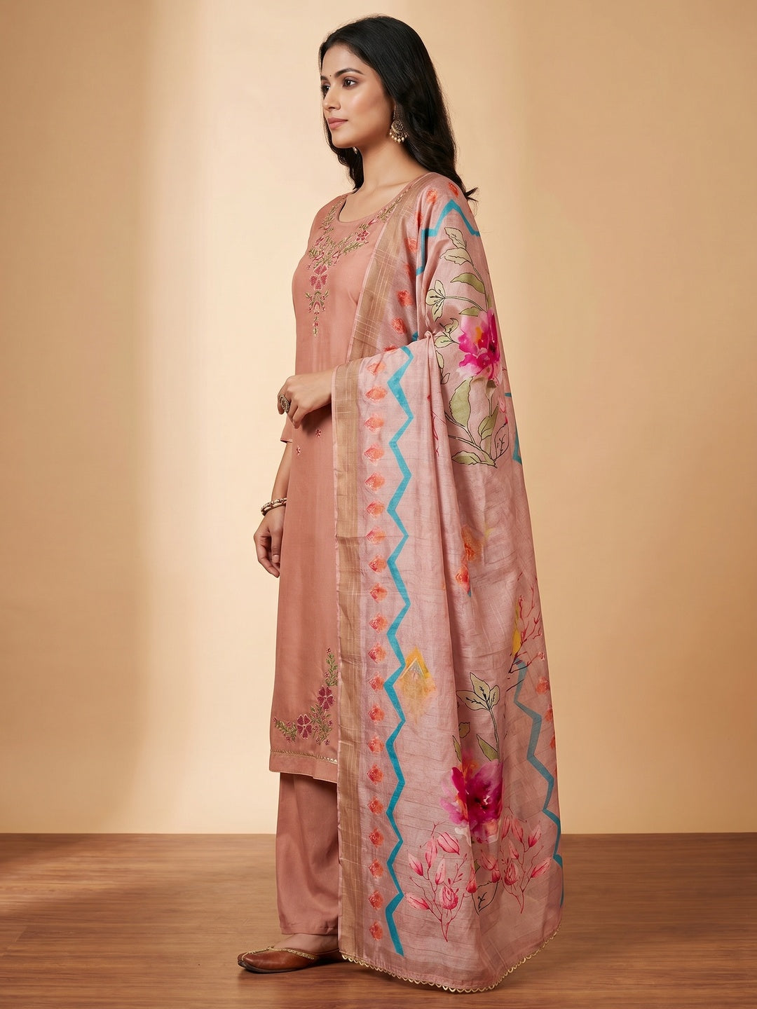 Peach Embroidered Chanderi Silk Dress Material - Image 3