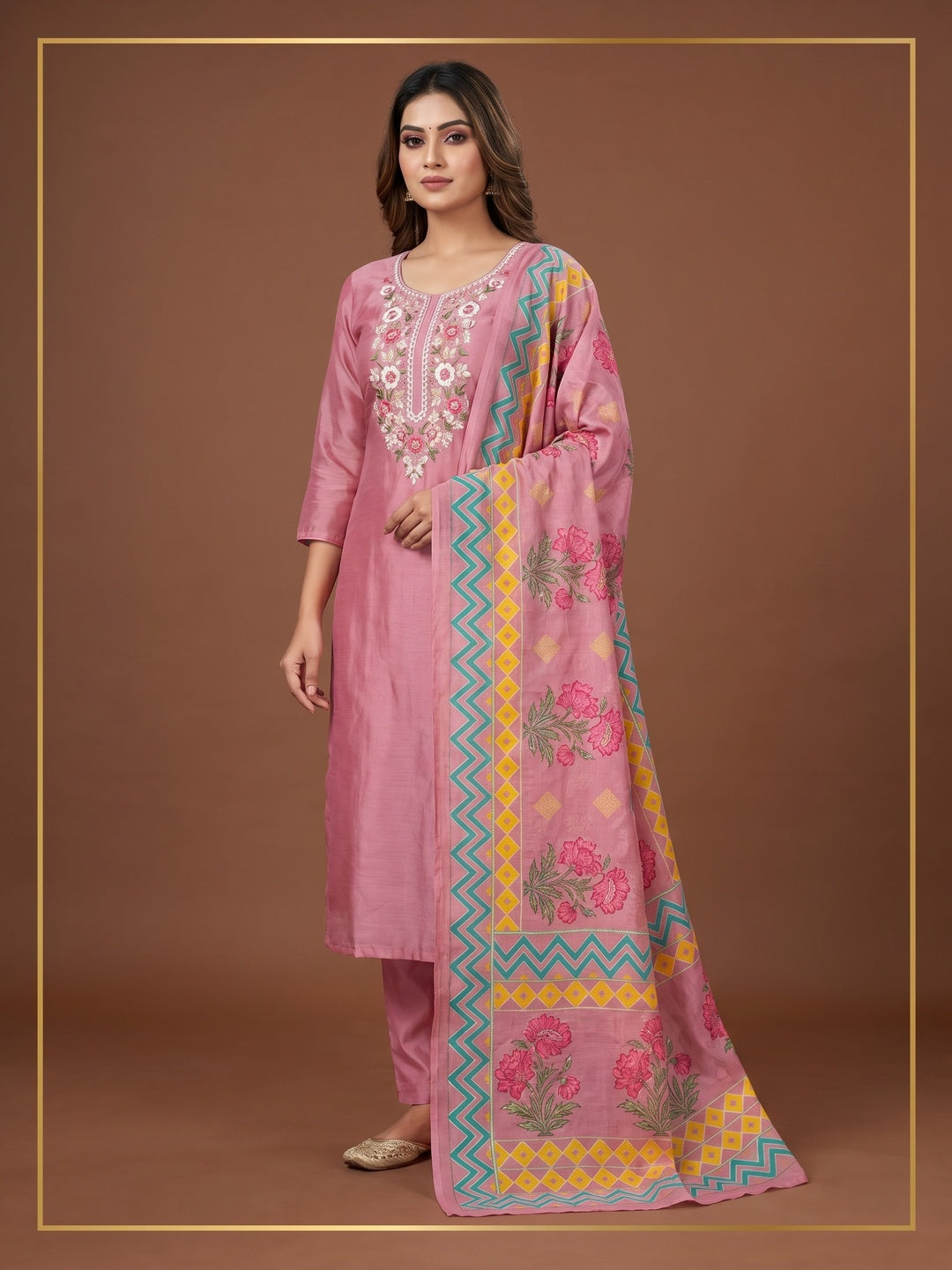Onion Pink Embroidered Chanderi Silk Dress Material - Image 1