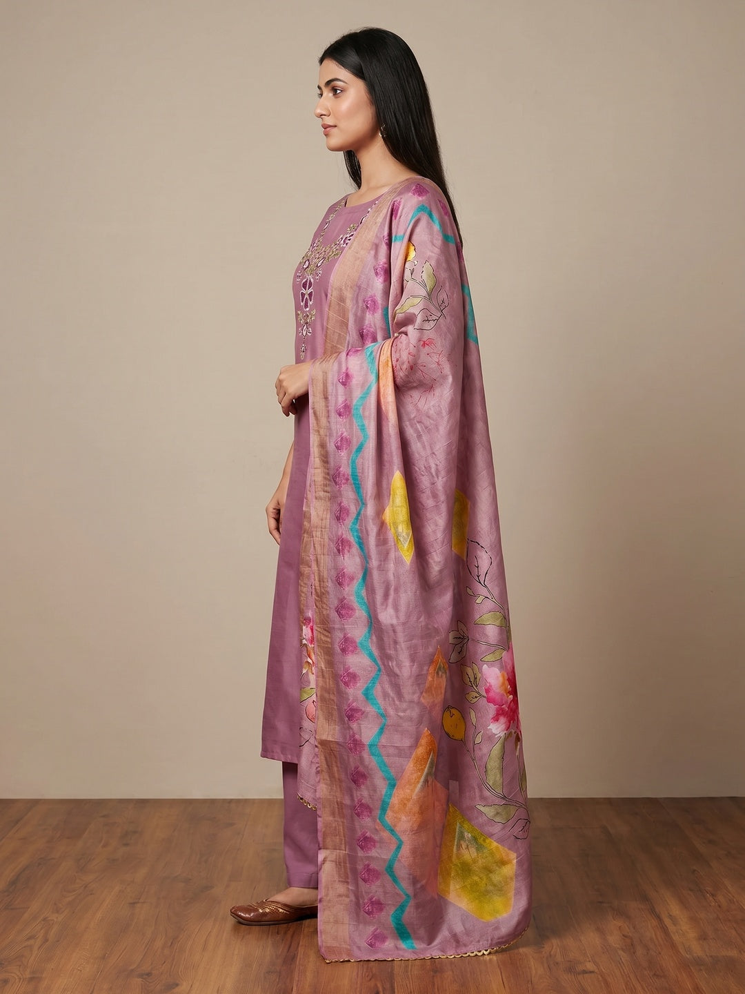 Onion Pink Embroidered Chanderi Silk Dress Material - Image 2
