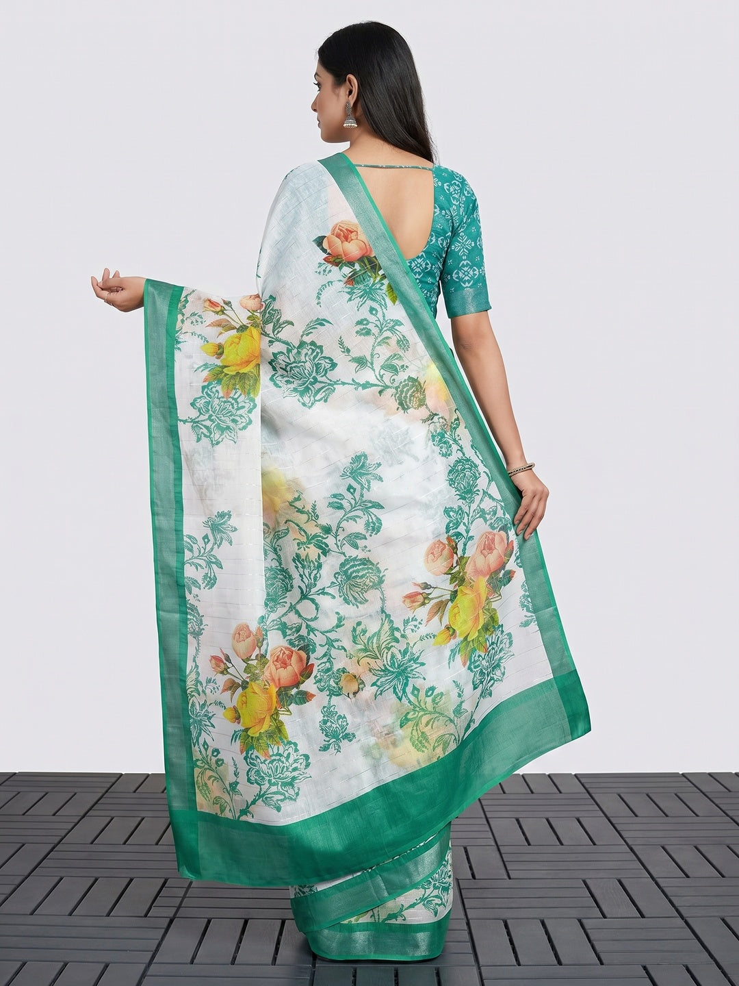 White & Rama Green Digital Printed With Zari Work Linen Cotton Saree - Image 2