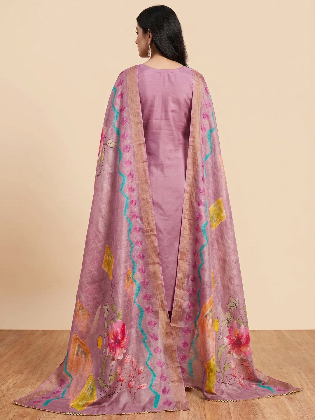 Onion Pink Embroidered Chanderi Silk Dress Material - Image 3