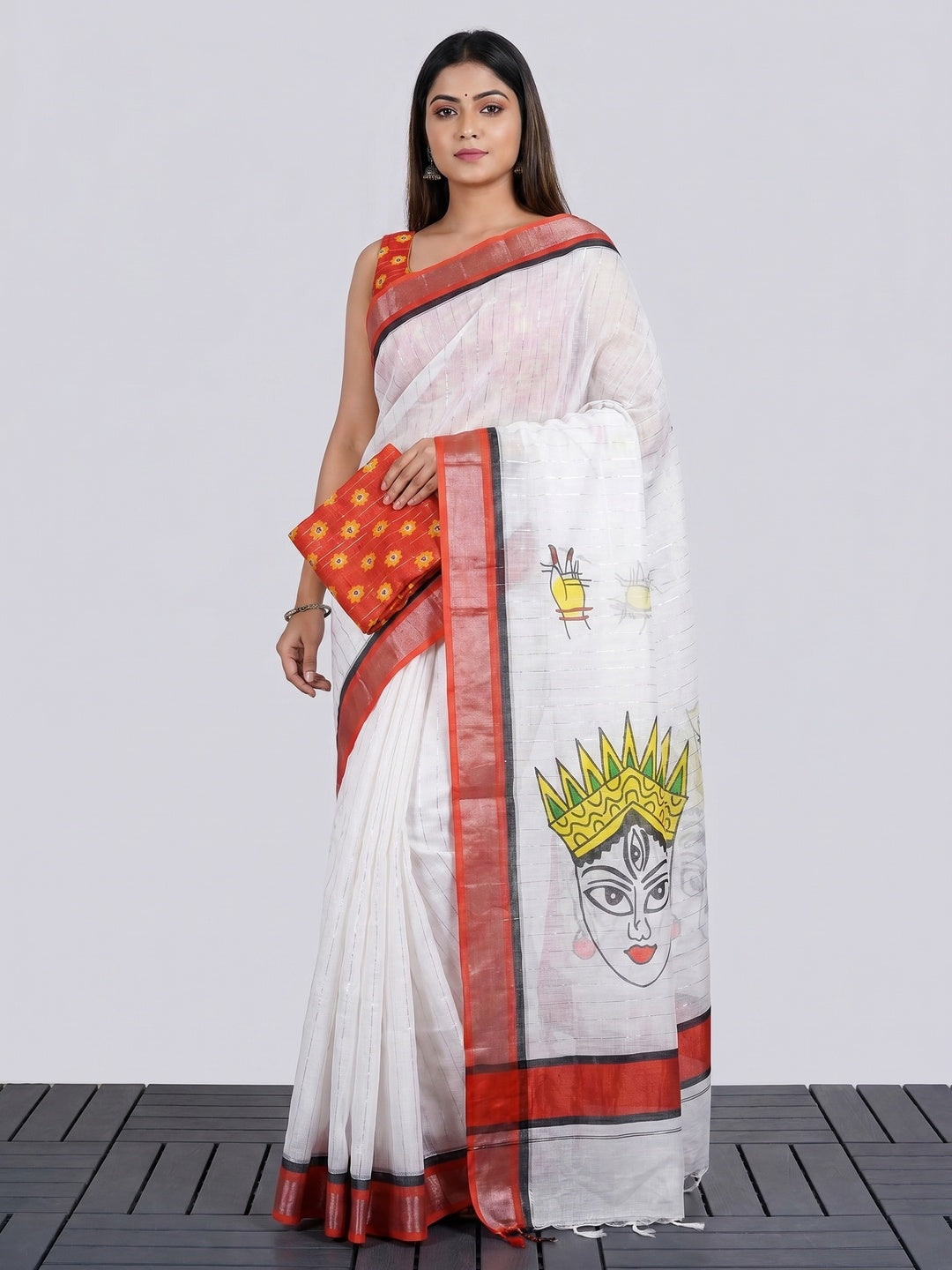 White Digital Printed With Zari Work Linen Cotton Saree - Image 1